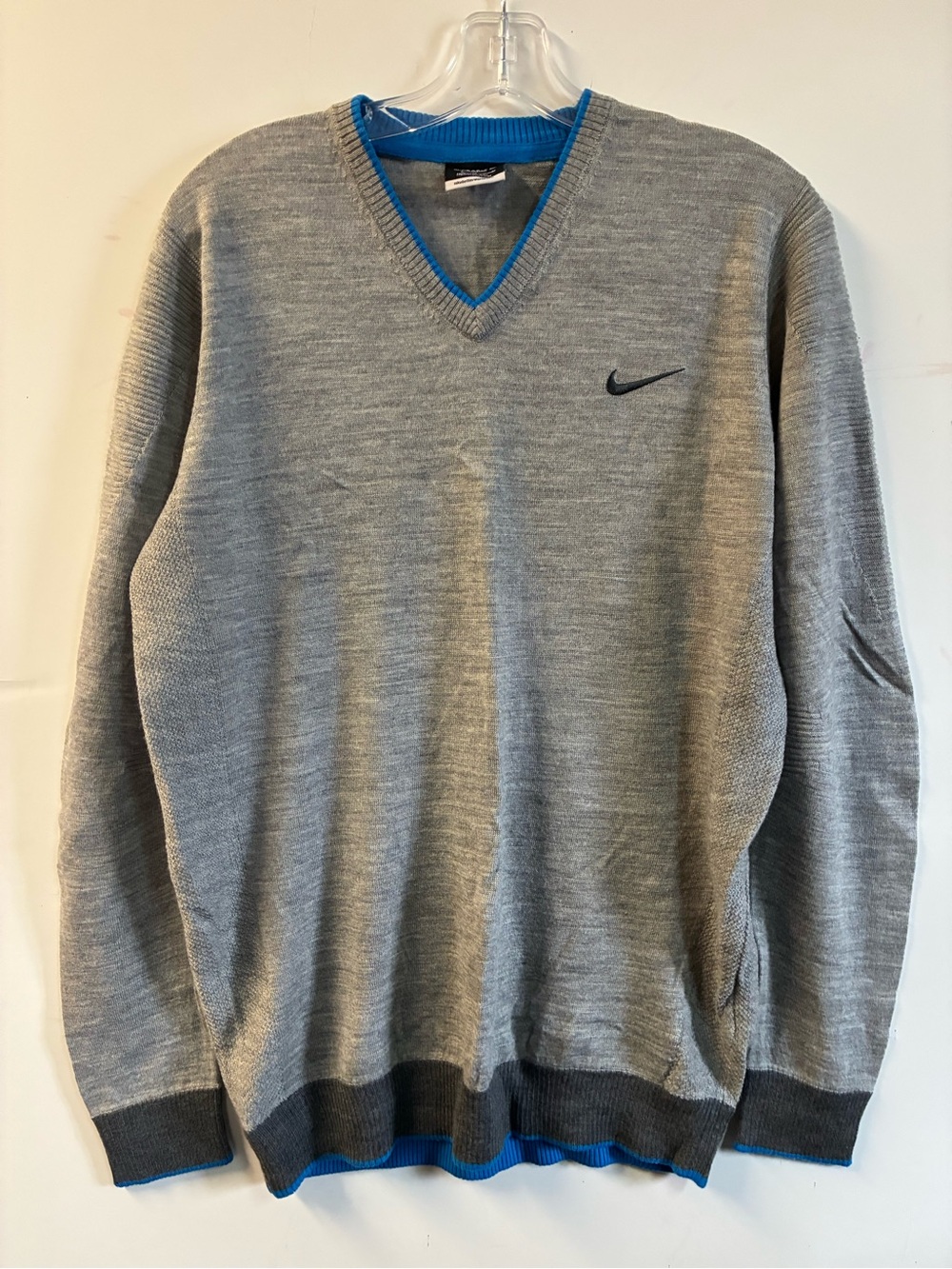 Nike Men’s Grey V-Neck Sweater with Blue Accents